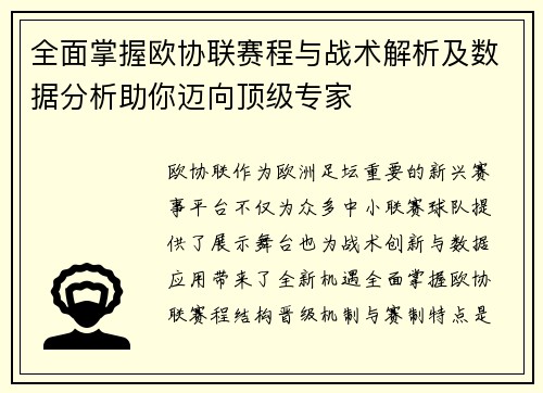 全面掌握欧协联赛程与战术解析及数据分析助你迈向顶级专家